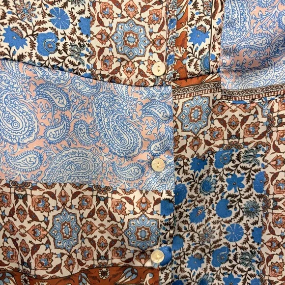 dRA Los Angeles blue boxy silky patchwork button down top M - Picture 3 of 7